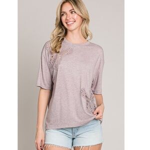 Women's Mauve Crochet Butterfly Detail Oversized Tee
